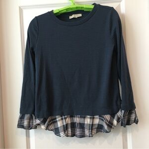 LOFT Navy Blue Blouse with Plaid Hem